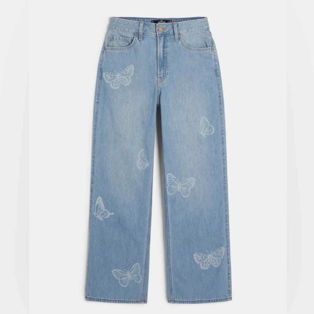 Hollister Ultra High-Rise Dad Jeans Light Wash Butterfly Print 0R Y2K - Picture 3 of 9